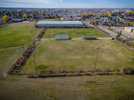 Drone image capturing the charm of River Heights, Saskatoon, with its lush landscapes and residential areas.