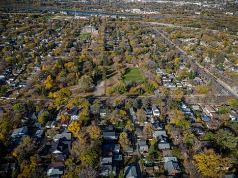 Drone image capturing the beauty of Buena Vista, Saskatoon, with its residential charm and serene surroundings