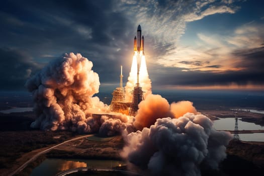 Top view of a rocket launching into space. Fire and clouds of smoke.