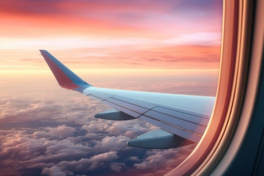 Photo from an airplane window. Dawn, sunset on an airplane high in the sky above the clouds.