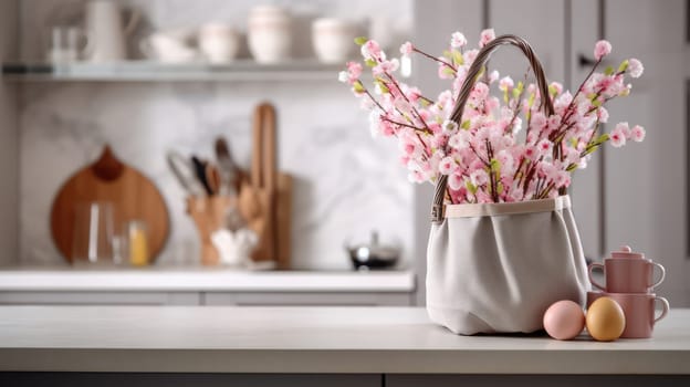 Modern Kitchen Interior: White Table with Floral Bouquet on Wood Shelves