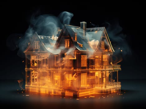 Flaming House of Horror: A Fiery Nightmare in the Dark, Vintage Gothic Castle, Evoking Fear and Creepy Emotions amidst the Inferno on a Mysterious Halloween Night.