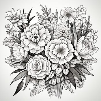 Vintage Floral Bouquet: A Beautiful and Graceful Composition of Romantic Roses and Peonies in a Black and White Illustrated Drawing, Perfect for Wedding Invitations and Retro Graphic Design on Elegant Decorative Background.