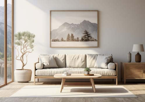 Modern Comfort: Elegant White Sofa in Scandinavian-style Living Room with Wood Frame, Illustration of Cozy and Minimalistic Home Concept