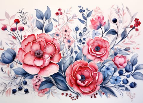 Floral Watercolor Bliss: A Blossoming Garden of Vintage Rose Bouquets on a Romantic Pink and White Seamless Wallpaper