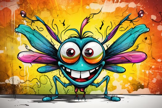 Quirky Winged Creature: Funny Cartoon Illustration of a Cute Insect Character with Green Wings, Eye-catching Design, and Colorful Background.