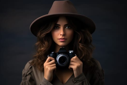 Portrait a woman in a hat holding a camera. Generative AI.