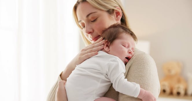 Sleeping, love and mother carry baby for bonding, relationship and child development together at home. Family, motherhood and happy mom with newborn for care, dreaming and affection in nursery room.