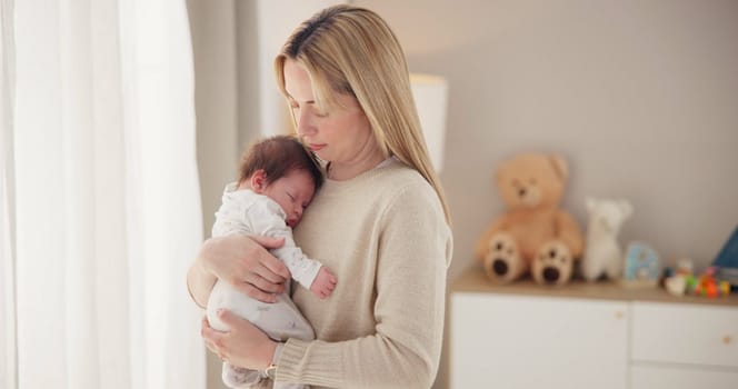 Sleeping, love and mother with baby in home for bonding, relationship and child development together. Newborn, motherhood and mom carry asleep infant for care, dreaming and affection in nursery room.