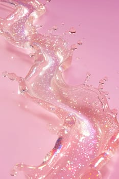 A dynamic splash of transparent pink gel with glitter, ideal for beauty and skincare advertising, vibrant backgrounds. Close up view. Vertical picture. Generative AI