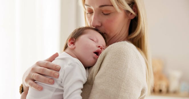 Love, mother and baby in nursery for sleeping, bonding and touch or cuddle with support or care. Woman, mom or holding newborn in bedroom with bond and relax for child development and nurture in home.
