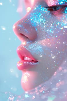 Close-up of a woman's face adorned with sparkling, iridescent glitter, capturing the essence of fantasy makeup and creative beauty. Ideal for beauty campaigns, makeup tutorials. Generative AI