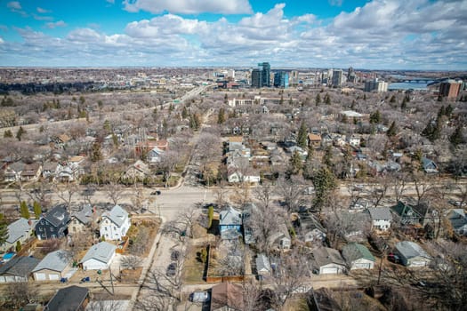 Drone image capturing the beauty of Buena Vista, Saskatoon, with its residential charm and serene surroundings