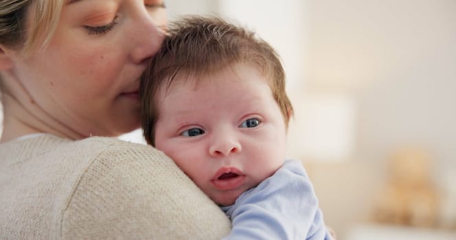 Love, mother and baby in nursery for bonding, touch or cuddle with support or care in house. Woman, mom or holding newborn in bedroom with bond and relax for child development and nurture in home.