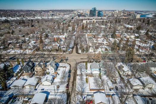 Drone image capturing the beauty of Buena Vista, Saskatoon, with its residential charm and serene surroundings