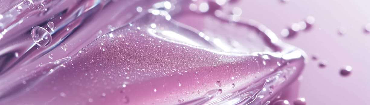 Glossy purple fluid texture with glitter, shiny particles, perfect for beauty and skincare ads, artistic backgrounds, or luxury product visuals. Close up view. Panoramic banner. Generative AI