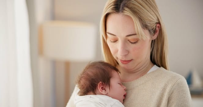 Newborn, love and mother with baby for sleeping, bonding and child development together at home. Family relationship, motherhood and mom carry infant for care, support and dreaming in nursery room.