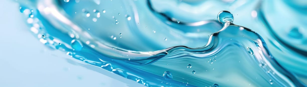 A blue gel with a smooth, undulating surface and water droplets, ideal for health and wellness products, aquatic themes, or scientific backgrounds. Close up view. Panoramic banner. Generative AI