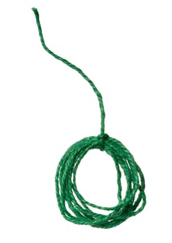 Green twine rope on a white isolated background, top view. Packing natural