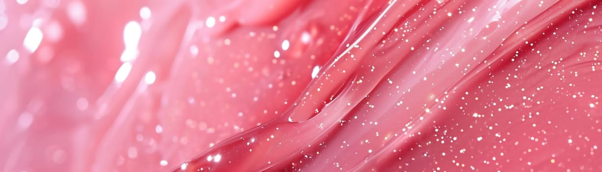 Gleaming pink cosmetic gel texture, ideal for beauty ads, skincare branding, or as a vibrant background in health, fashion and wellness design projects. Close up view. Panoramic banner. Generative AI