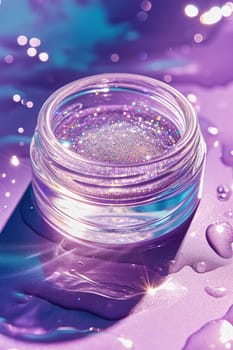 Shimmering transparent cosmetic gel in a clear jar set against a purple background, ideal for beauty, skincare, and makeup promotions or as a vibrant backdrop. Generative AI
