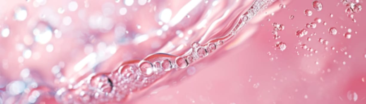 A glossy pink cosmetic gel with air bubbles, perfect for beauty and skincare branding, or chic advertising materials. Close up view. Blurred panoramic banner. Generative AI