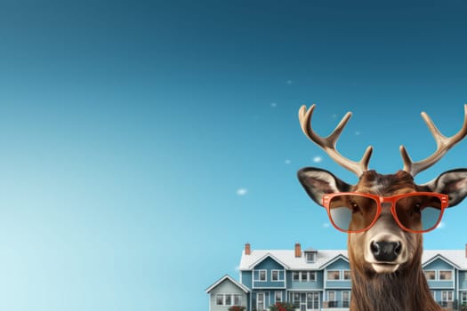 A funny reindeer with sunglass christmas greeting card template. Generative AI.