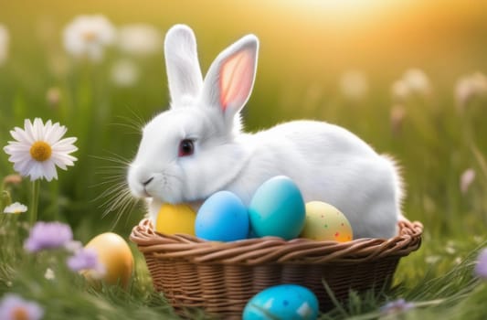 White rabbit in a basket with colored eggs in a field with daisies for Easter holiday