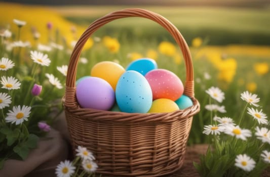 Wicker basket with colored eggs in a field with daisies for Easter