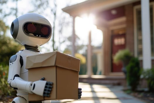 Delivery robot man holding parcel box or cardboard box in front of house entrance, sunny day