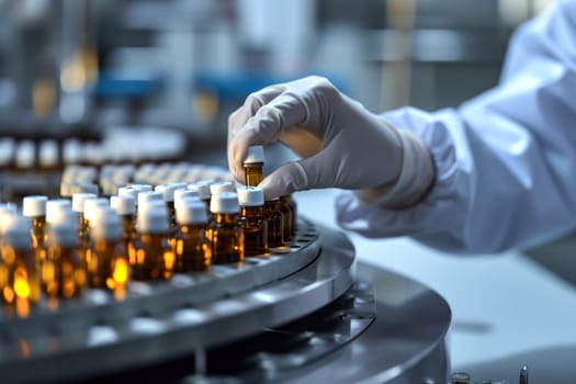 Medical vials production concept line hand with sanitary gloves checking pharmaceutical bottles in a medical factory