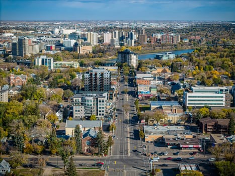 Drone image capturing the beauty of Buena Vista, Saskatoon, with its residential charm and serene surroundings