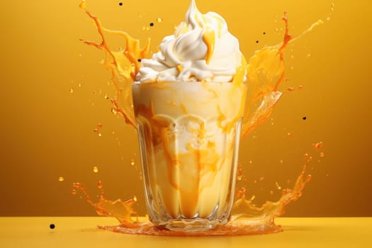 Mango smoothie frappe effect swirling wave Mango milk splash around glass. Generative AI.