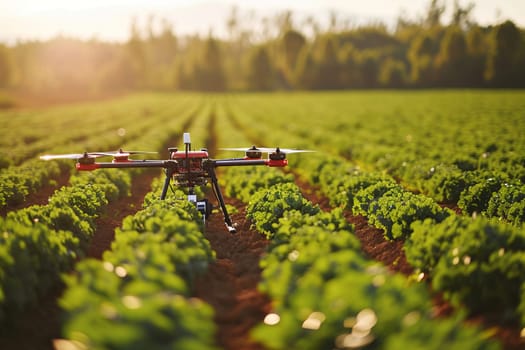 Automated drone robot that improve the production of agriculture in the green field, New technology concept