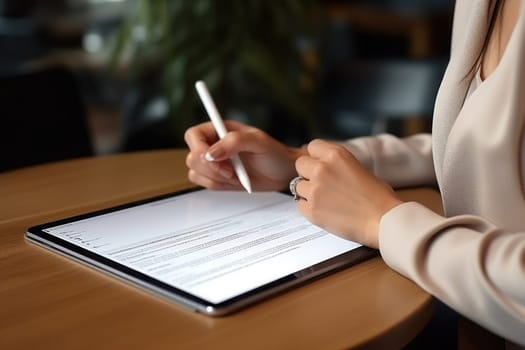 Woman's hands writing on the document of tablet mockup with digital planner on screen. Generative AI.