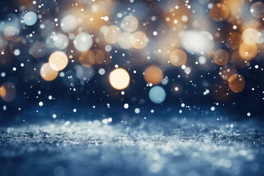 Moody christmas snow and light bokeh backgroud. Generative AI.