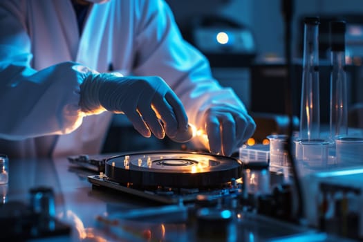 Engineer in protective gloves repairs hard disk in laboratory