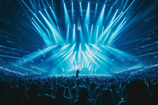 Singer performs a musical concert on stage in a huge packed stadium hall. Epic lights and flashlights