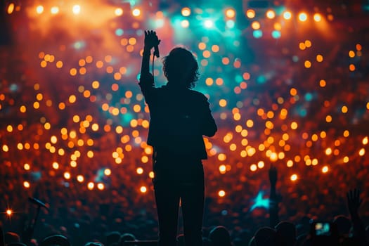 Singer performs a musical concert on stage in a huge packed stadium hall. Epic lights and flashlights