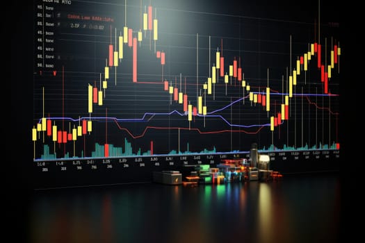 Business stock market, trading, info graphic shown on monitor display screen. Generative AI.