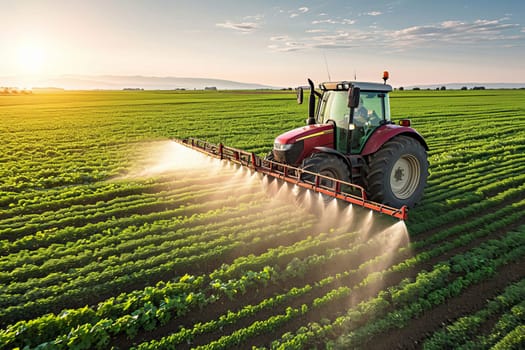 Tractor spraying water or pesticides on a green field farm in the background, summer sunny morning