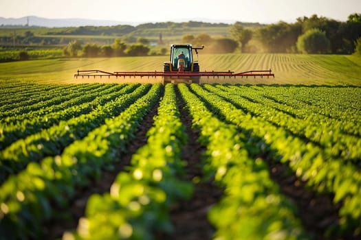 Tractor spraying water or pesticides on a green field farm in the background, summer sunny morning