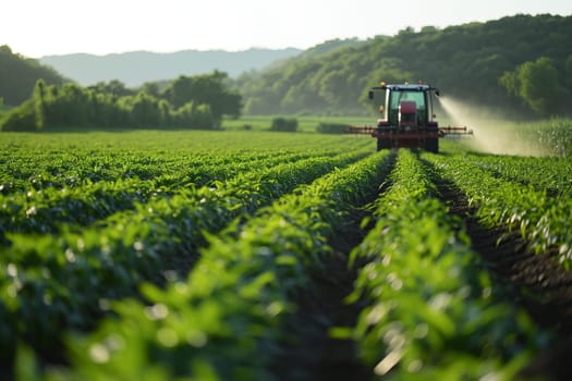 Tractor spraying water or pesticides on a green field farm in the background, summer sunny morning