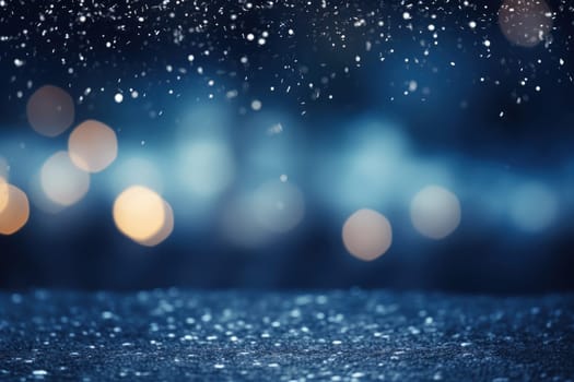 Moody christmas snow and light bokeh backgroud. Generative AI.