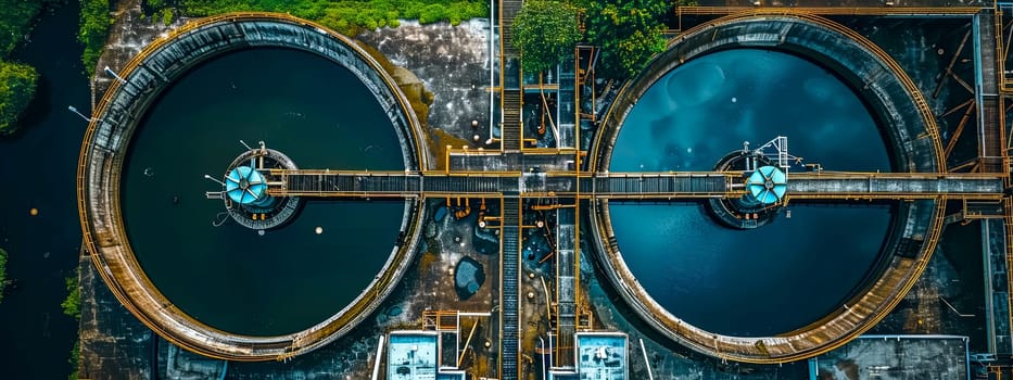 Aerial view of wastewater treatment plant with circular settling tanks and central pipework