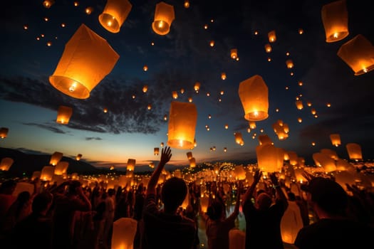 People holding floating lanterns during Yee Peng Festival. Generative AI.
