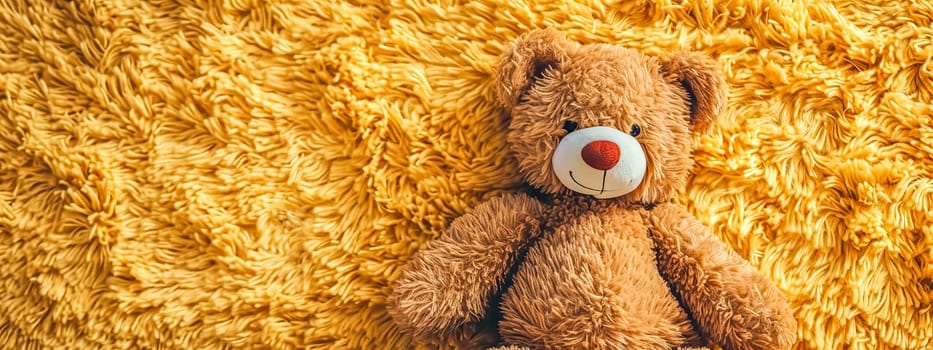 Top-down view of a cuddly teddy bear on a yellow shaggy carpet. copy space