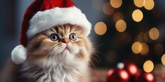 Portrait of a cat with a Santa hat empty space. Generative AI.