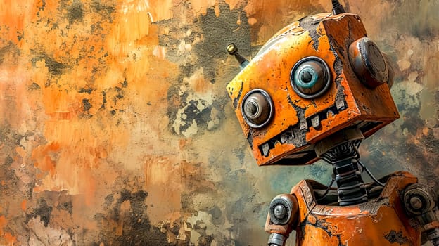 Rustic robot head with expressive eyes against a grungy orange backdrop. copy space