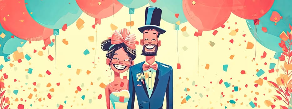 A joyous illustration of a newlywed couple with oversized heads, surrounded by colorful balloons and confetti, perfect for a wedding celebration banner, wedding card